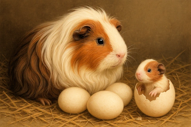 Meerrschweinchen mit 3 Eiern, aus 1 schlüpft ein junges Meerschweinchen aus