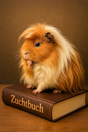 Meerschweinchen sitzt auf Zuchtbuch und denkt nach