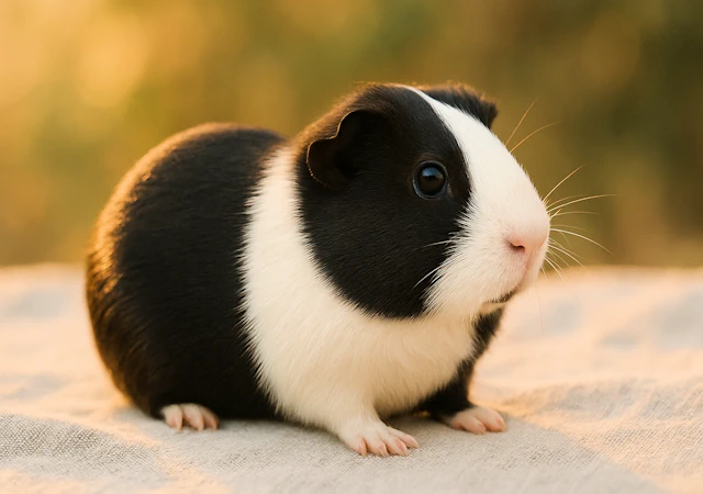 Meerschweinchen mit Holländerzeichnung in der Abendsonne